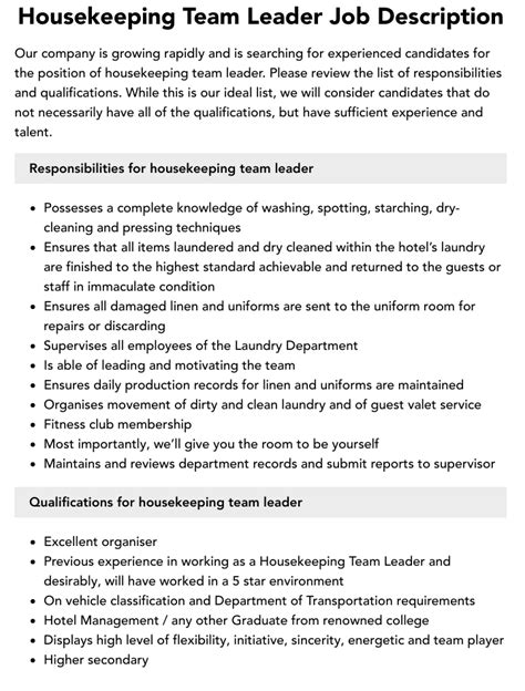 housekeeping team leader duties and responsibilities
